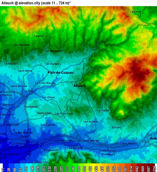 Zoom OUT 2x Allauch, France elevation map