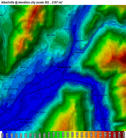 Zoom OUT 2x Albertville, France elevation map