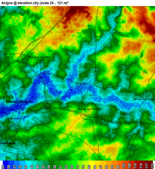 Zoom OUT 2x Acigné, France elevation map