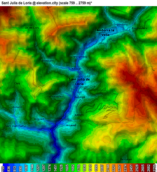 Zoom OUT 2x Sant Julià de Lòria, Andorra elevation map