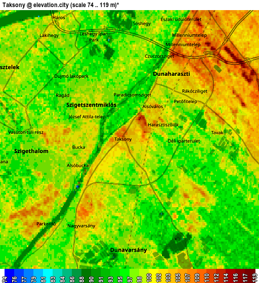 Zoom OUT 2x Taksony, Hungary elevation map