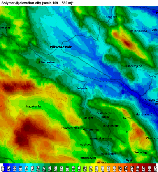 Zoom OUT 2x Solymár, Hungary elevation map