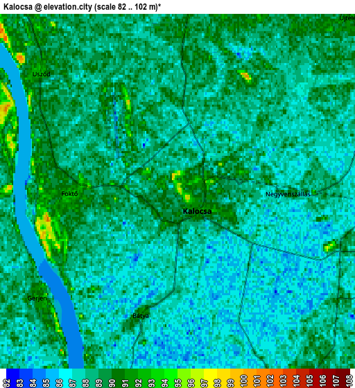 Zoom OUT 2x Kalocsa, Hungary elevation map