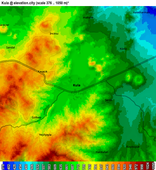 Zoom OUT 2x Kula, Turkey elevation map