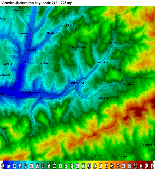 Zoom OUT 2x Vizovice, Czech Republic elevation map