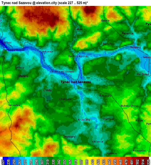 Zoom OUT 2x Týnec nad Sázavou, Czech Republic elevation map