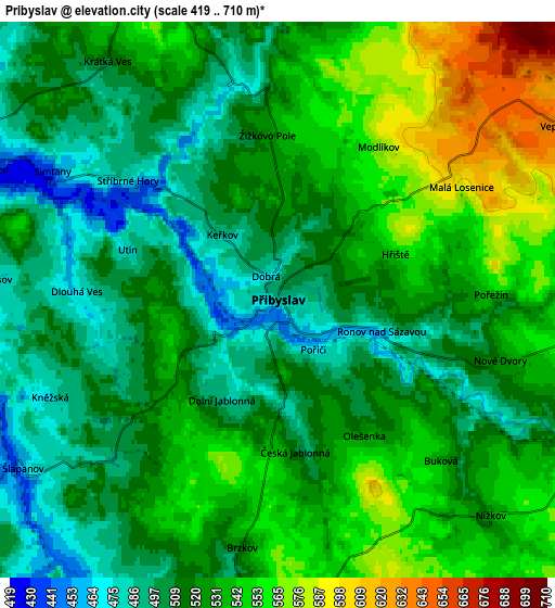 Zoom OUT 2x Přibyslav, Czech Republic elevation map