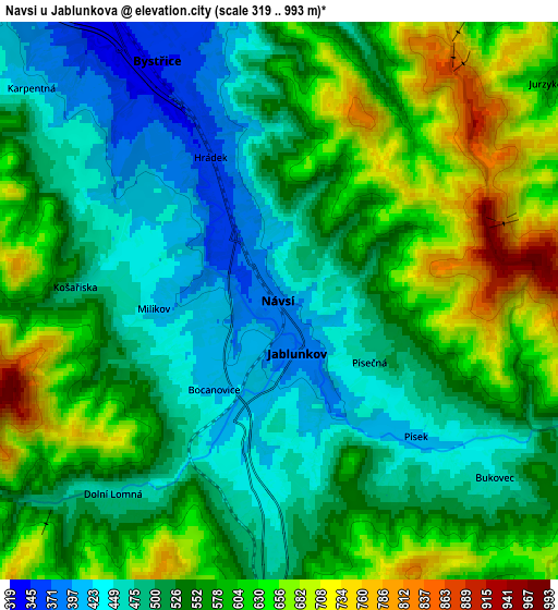 Zoom OUT 2x Návsí u Jablunkova, Czech Republic elevation map