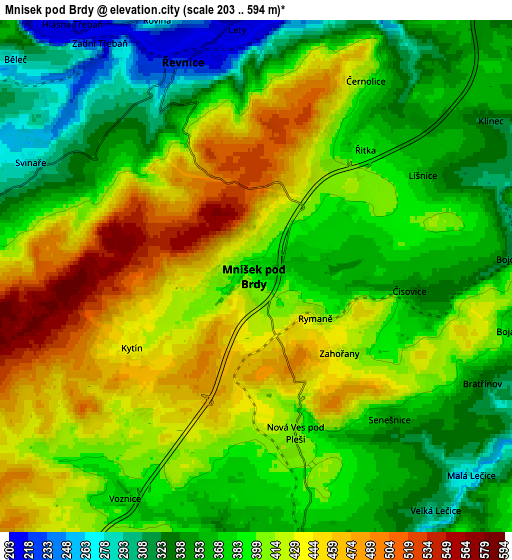 Zoom OUT 2x Mníšek pod Brdy, Czech Republic elevation map