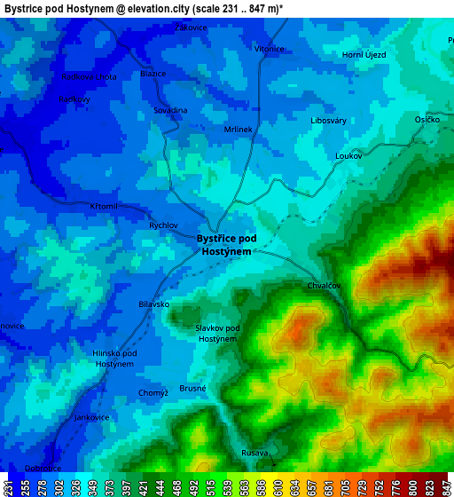 Zoom OUT 2x Bystřice pod Hostýnem, Czech Republic elevation map