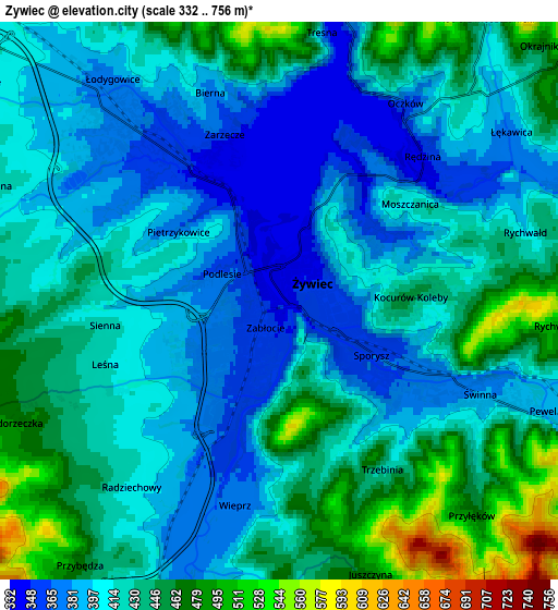 Zoom OUT 2x Żywiec, Poland elevation map