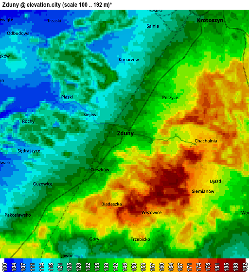 Zoom OUT 2x Zduny, Poland elevation map