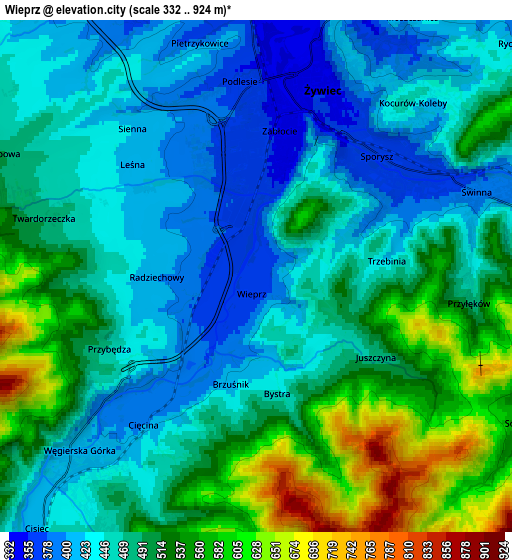 Zoom OUT 2x Wieprz, Poland elevation map