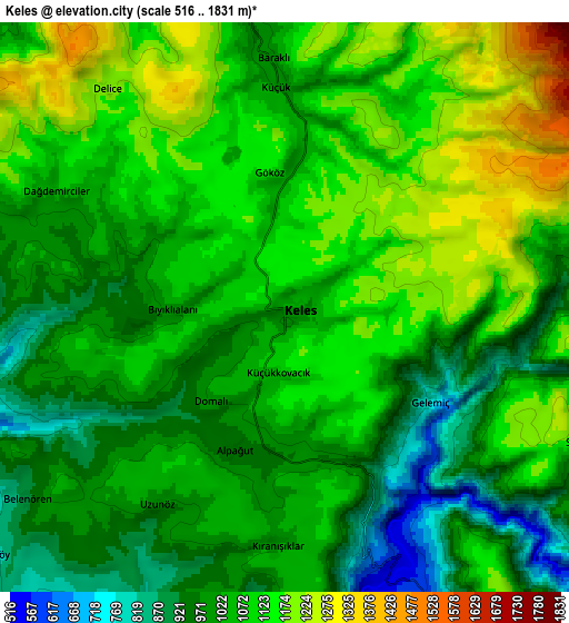 Zoom OUT 2x Keles, Turkey elevation map