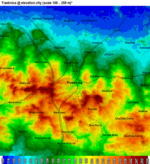 Zoom OUT 2x Trzebnica, Poland elevation map