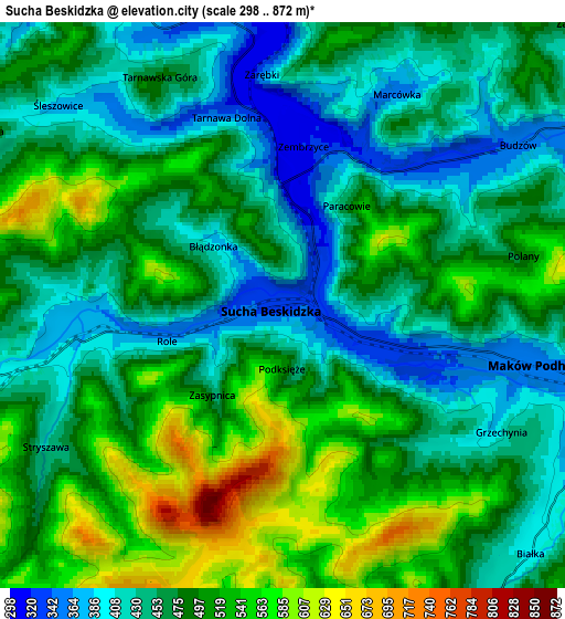 Zoom OUT 2x Sucha Beskidzka, Poland elevation map