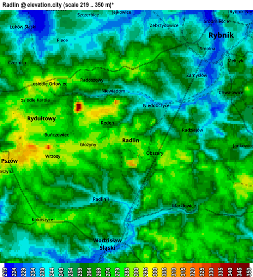 Zoom OUT 2x Radlin, Poland elevation map