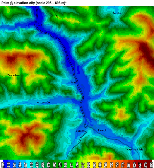 Zoom OUT 2x Pcim, Poland elevation map