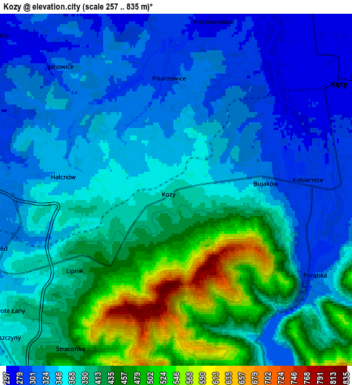 Zoom OUT 2x Kozy, Poland elevation map