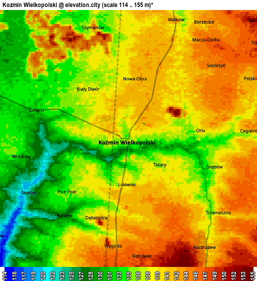 Zoom OUT 2x Koźmin Wielkopolski, Poland elevation map