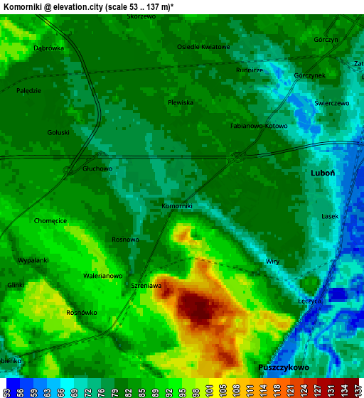 Zoom OUT 2x Komorniki, Poland elevation map