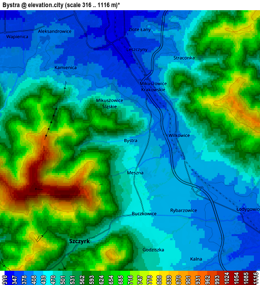 Zoom OUT 2x Bystra, Poland elevation map