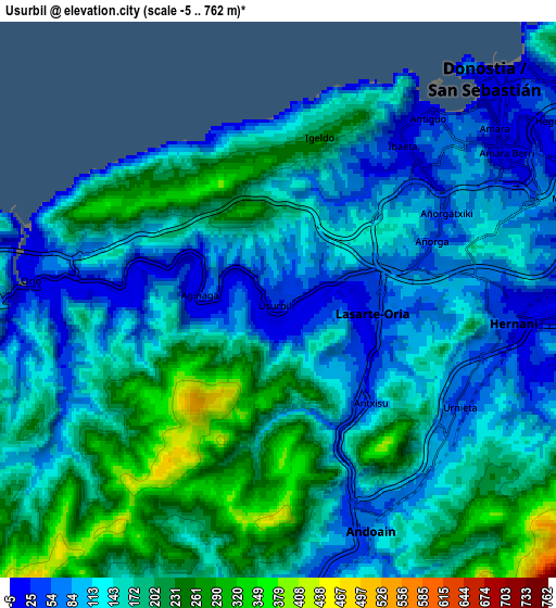 Zoom OUT 2x Usurbil, Spain elevation map