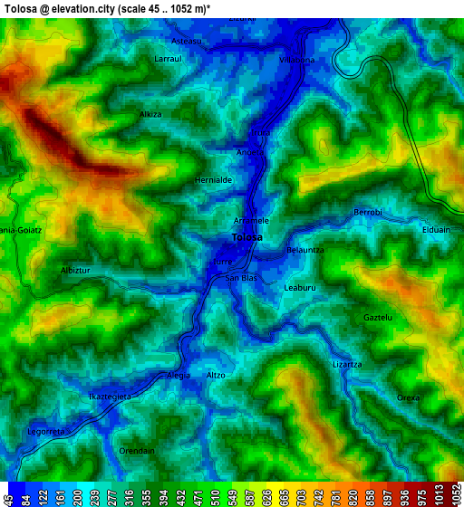 Zoom OUT 2x Tolosa, Spain elevation map