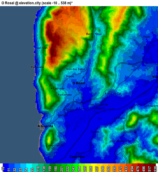 Zoom OUT 2x O Rosal, Spain elevation map