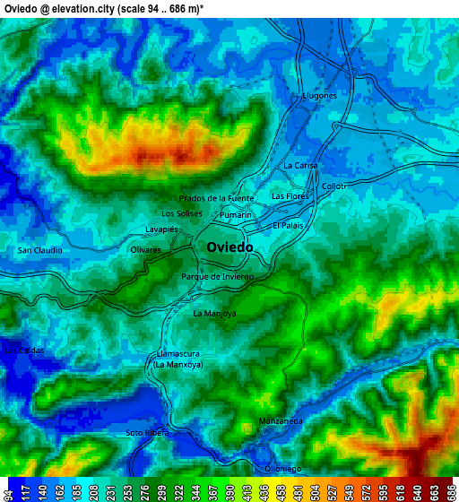 Zoom OUT 2x Oviedo, Spain elevation map