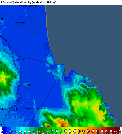 Zoom OUT 2x l'Escala, Spain elevation map