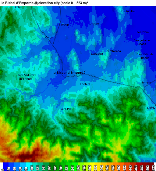 Zoom OUT 2x la Bisbal d'Empordà, Spain elevation map