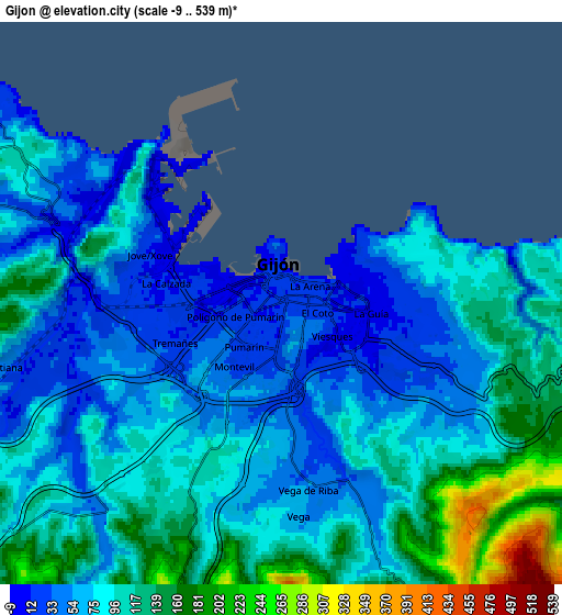 Zoom OUT 2x Gijón, Spain elevation map