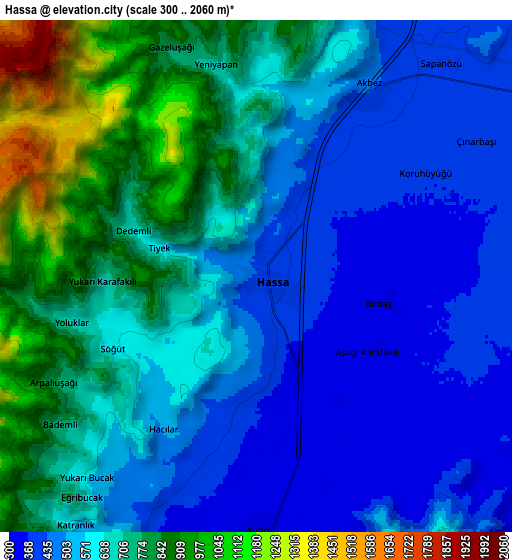 Zoom OUT 2x Hassa, Turkey elevation map