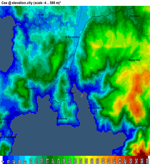 Zoom OUT 2x Cee, Spain elevation map