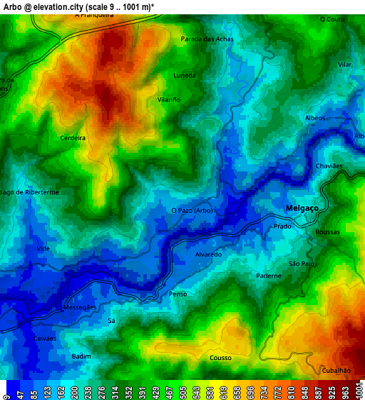 Zoom OUT 2x Arbo, Spain elevation map