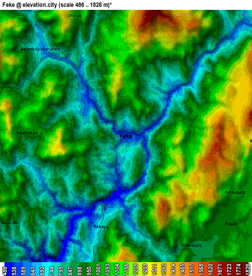 Zoom OUT 2x Feke, Turkey elevation map
