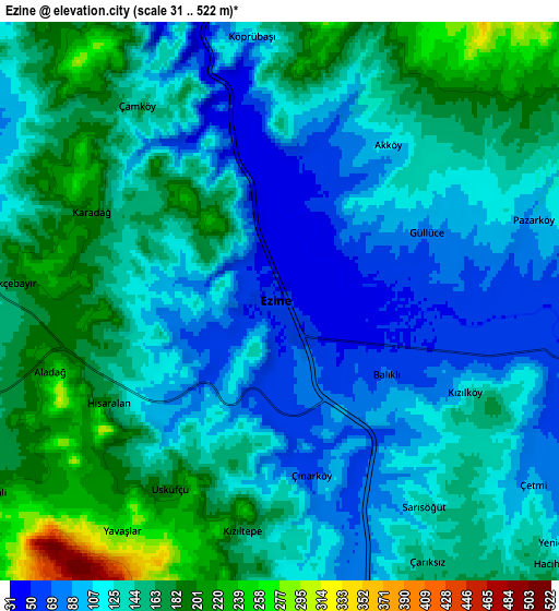 Zoom OUT 2x Ezine, Turkey elevation map