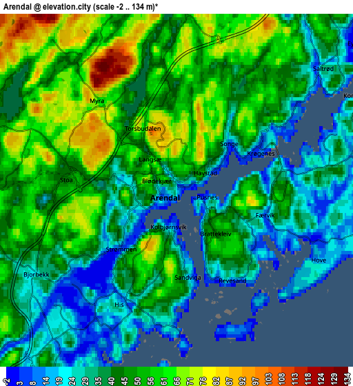 Zoom OUT 2x Arendal, Norway elevation map