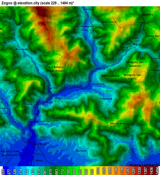 Zoom OUT 2x Zogno, Italy elevation map