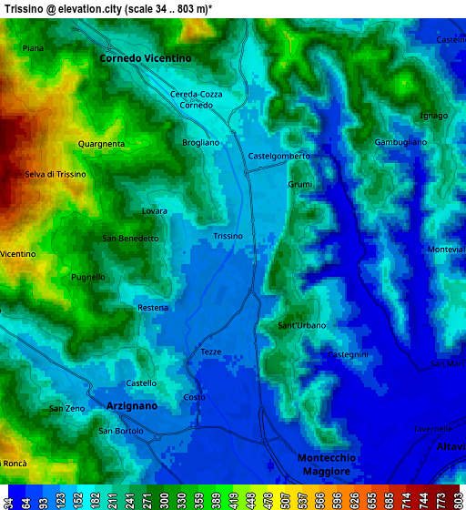 Zoom OUT 2x Trissino, Italy elevation map