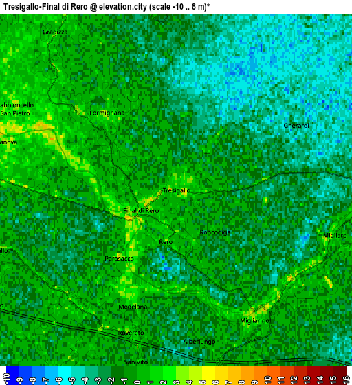 Zoom OUT 2x Tresigallo-Final di Rero, Italy elevation map