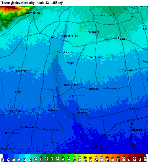 Zoom OUT 2x Tezze, Italy elevation map