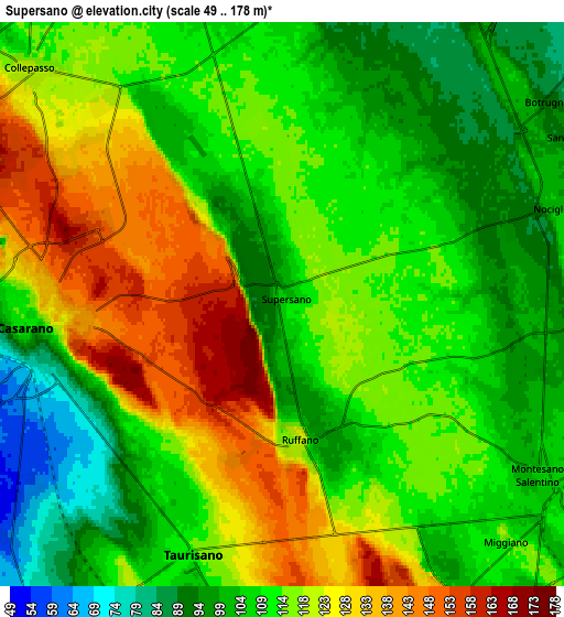 Zoom OUT 2x Supersano, Italy elevation map