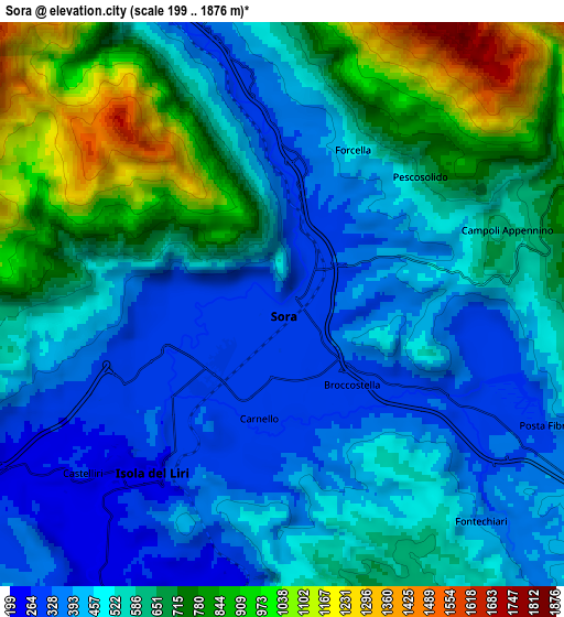 Zoom OUT 2x Sora, Italy elevation map