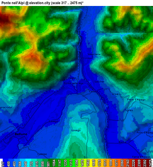 Zoom OUT 2x Ponte nelle Alpi, Italy elevation map