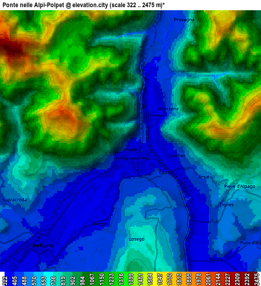 Zoom OUT 2x Ponte nelle Alpi-Polpet, Italy elevation map