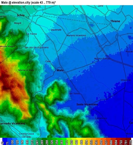 Zoom OUT 2x Malo, Italy elevation map