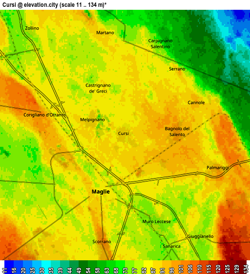 Zoom OUT 2x Cursi, Italy elevation map