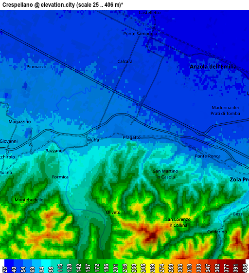 Zoom OUT 2x Crespellano, Italy elevation map